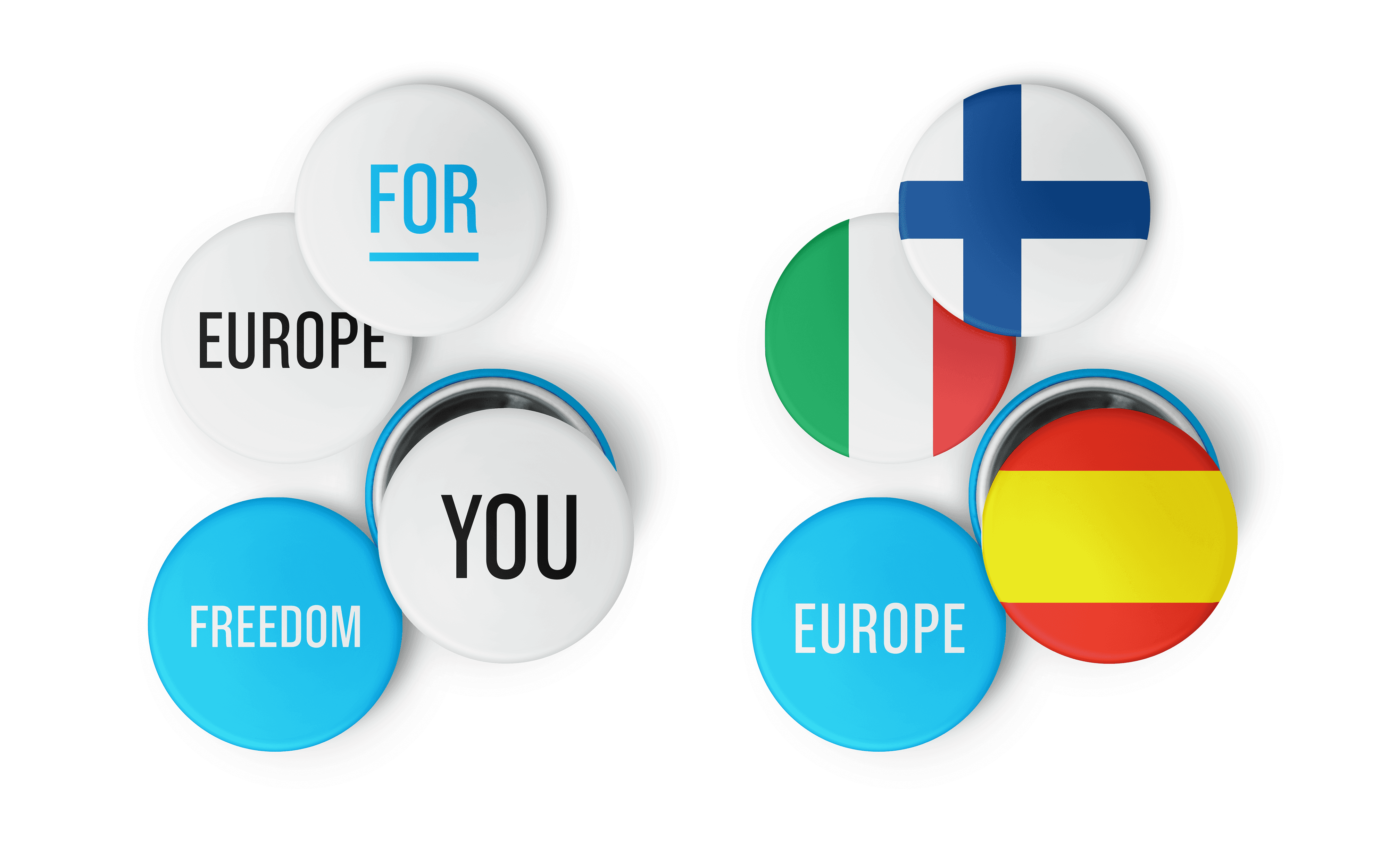 Buttons featuring words and flags for European countries