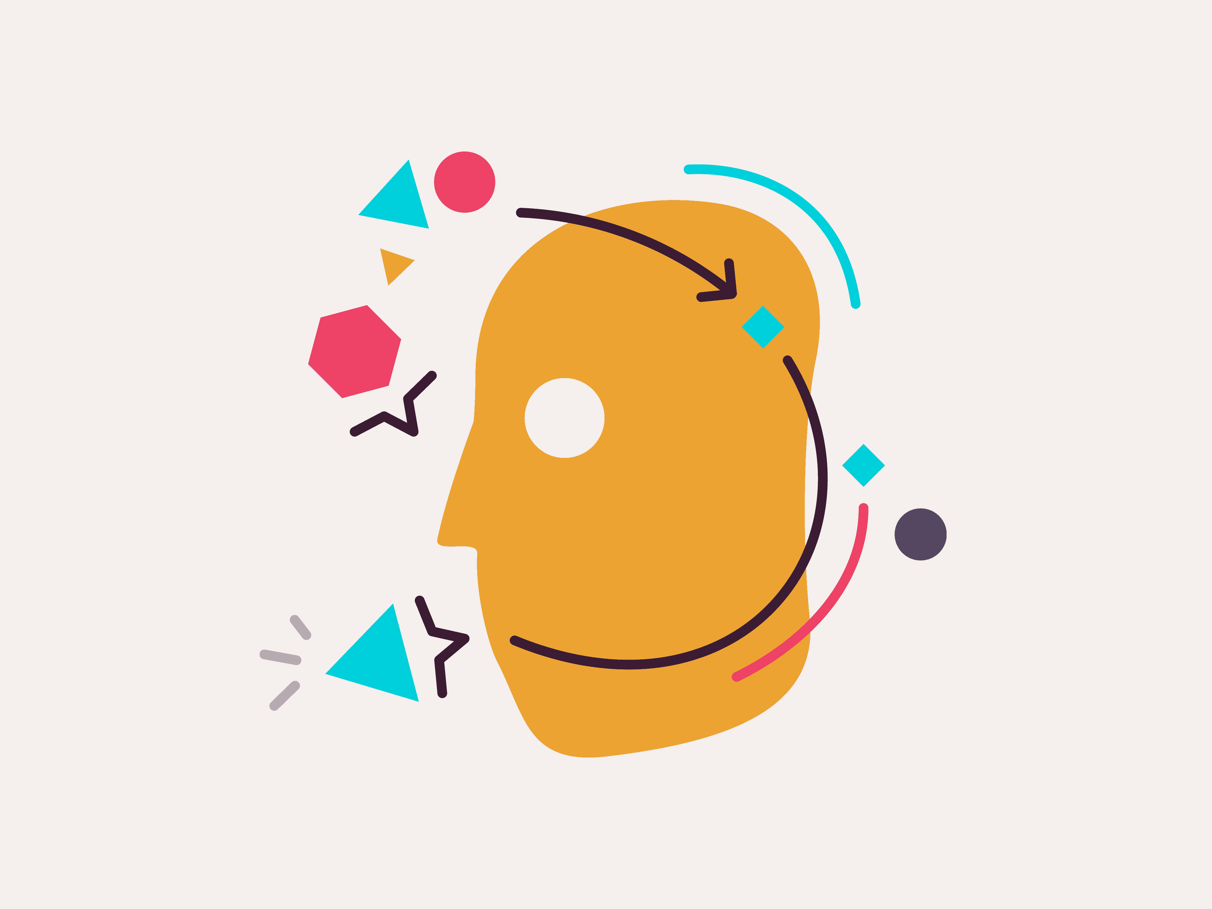 Illustration of a head with shapes floating around it